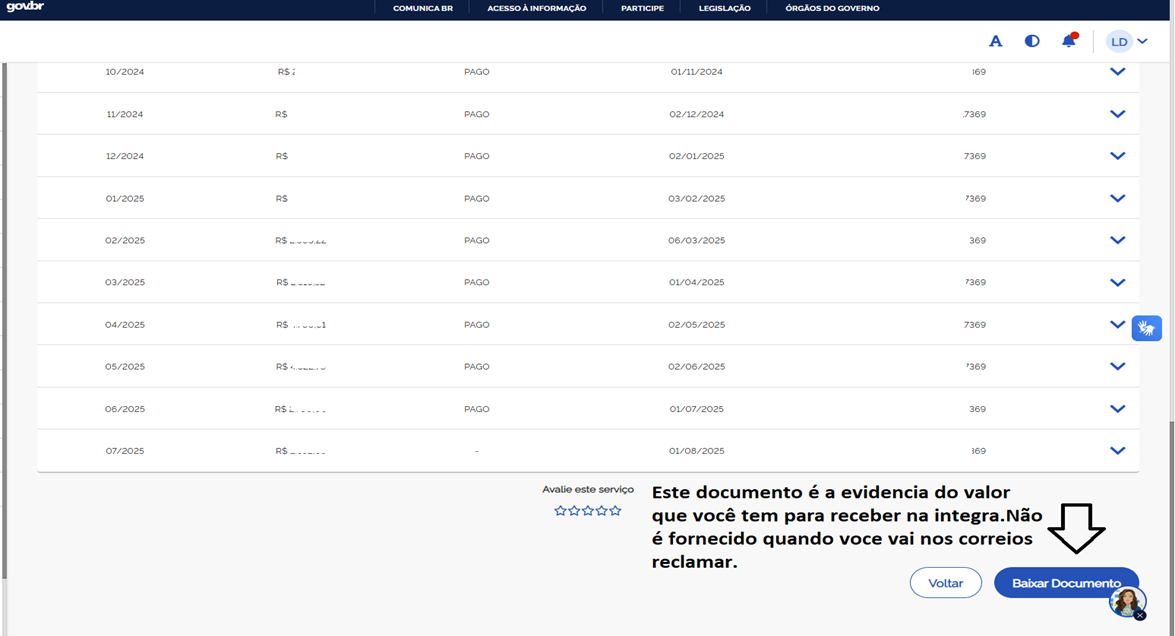 Documento com valores para restituição